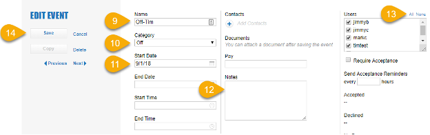 Event form fields for Name, Category, Start Date, Notes, Users